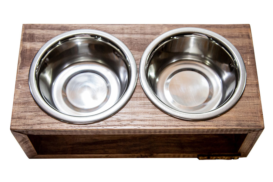 Comedouro Marrom Duplo De Madeira  Com Potes Inox Para Gatos E Cachorros